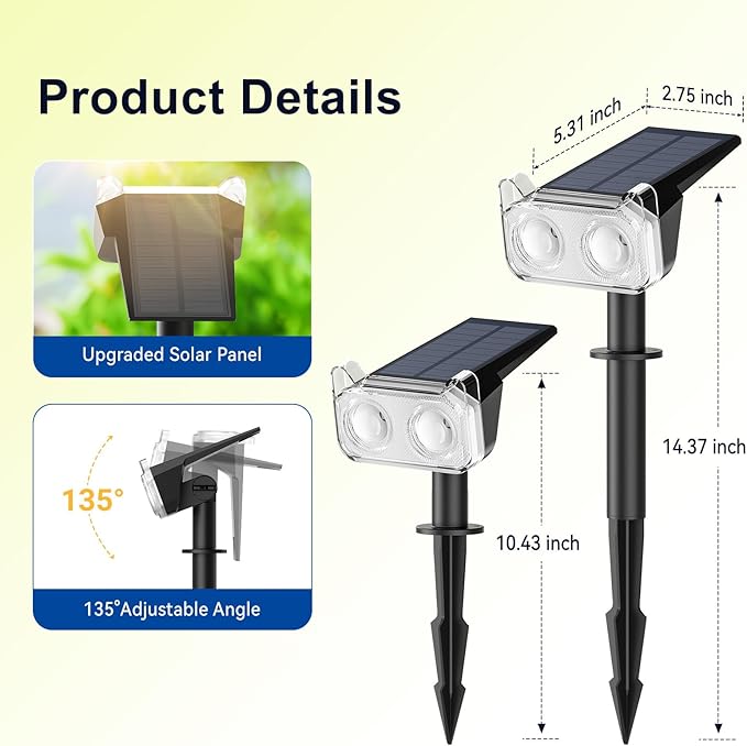 LETMY Solar Spot Lights Outdoor Waterproof with Bigger LED, Auto ON/Off 135°Adjustable Solar Lights Outdoor, 2-in-1 Wall Lights & 2 Modes Landscape Spotlights for Tree Yard Pathway Garden Decor 2Pack Letmy