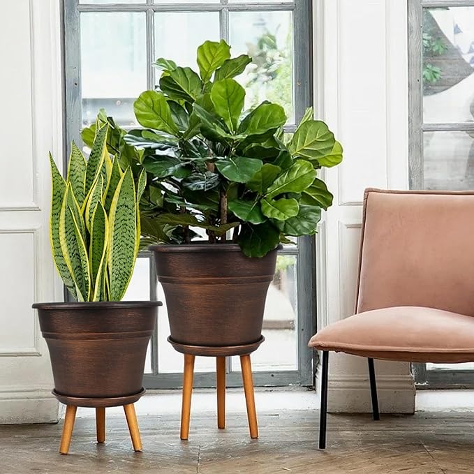 Plant Planters Pots Set of 4 Pack 11 Inch, Plastic Flower Pot for Indoor Plants with Drainage Holes & Trays, Resin Decorative Container Sets with Saucer for House Outdoor Garden Planters Copper Fodetyff
