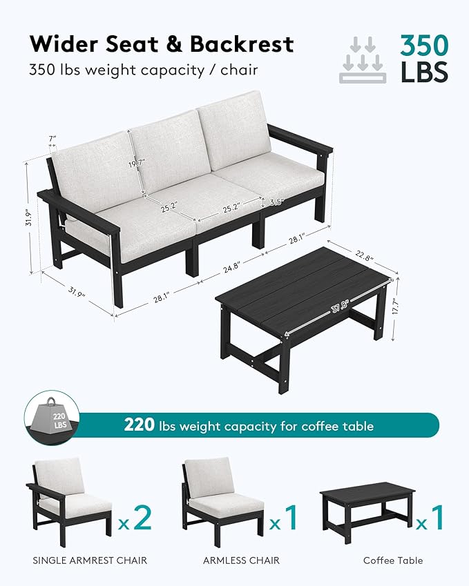 SERWALL HDPE Patio Sofa Set, 4-piece Sectional Outdoor Furniture Set, All Weather Outdoor Couch Set Patio Furniture Set for Deck, Lawn, Black Frame with Khaki Cushion SERWALL