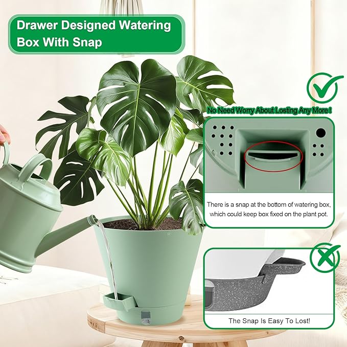 Self-Watering-Pots-for-Indoor-Plants, 8 Inch Flower Pots for Indoor Plants, 3 Packs Plastic Planters with Drainage Holes and Saucers Pottiffe