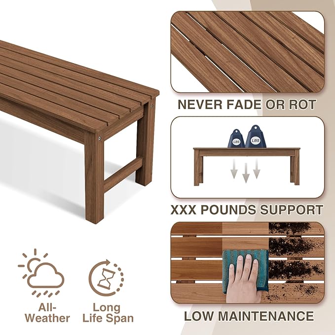 Psilvam 2-Person Outdoor Poly Lumber Patio Backless Bench, Fade-Resistant & Odor-Free Poly Lumber Patio Furniture, Weatherproof, Suitable for Garden, Porch and Park, 700 Lbs Support (1, Light Brown) PsilvamGardenFurniture