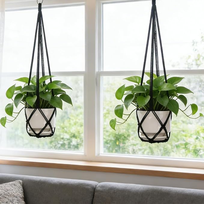 YIBOT Macrame Plant Hanger Indoor Set of 2 with 2 S Hooks, Indoor Outdoor Hanging Planter for Plants Holder with Decorative No Tassels, Boho Home Decor, 35 Inch, Black (Pots Not Included) YIBOT