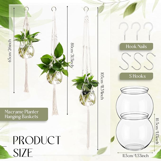 6 Pcs Boho Macrame Plant Hanger with Small Plastic Pot Hanging Plant Holder Wall Planter Propagation Station Include Hooks Kit for Indoor Home Garden Office Decor 3 Size (White) Colingmill