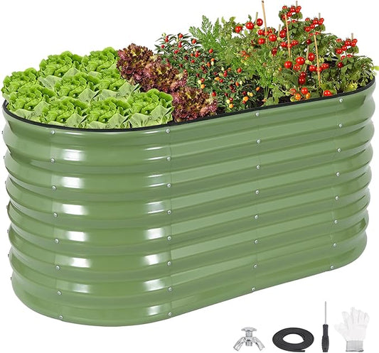 24" Tall Galvanized Raised Garden Bed Outdoor, 4x2x2ft Deep Metal Planter Box with Safety Edging & Support Bars, Large Oval Raised Beds for Gardening Plants Vegetables Herbs Flowers (Olive Green) BIRDSINYARD
