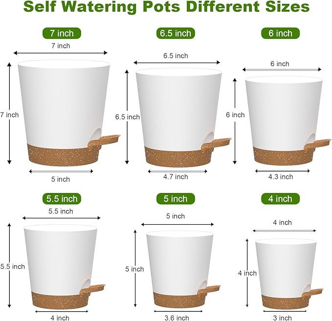 Self Watering Pots, 7/6.5/6/5.5/5/4 inch Flower Pots with Multi Mesh Drainage Holes, Small Platic Planters for Indoor Outdoor Garden Plants and Flowers (Whtie with Brown Tray, 7"+6.5"+6"+5.5"+5"+4") Rootora