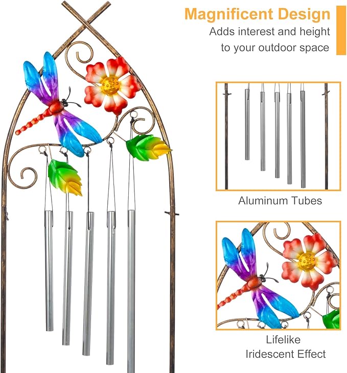 Garden Trellis with Plant Stands, 48” Metal Detachable Dragonfly Plant Pot Trellis with Wind Chimes for Climbing Plants Outdoor Lawn Patio Porches Decor SUNNYPARK