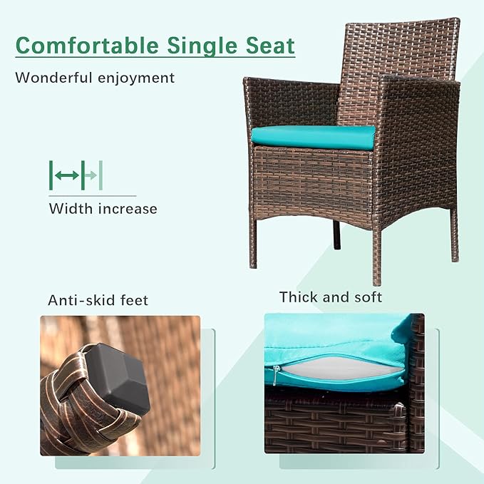 Greesum Patio Furniture 4 Pieces Conversation Sets Outdoor Wicker Rattan Chairs Garden Backyard Balcony Porch Poolside loveseat with Soft Cushion and Glass Table, Brown and Blue BuynowfromGreesum