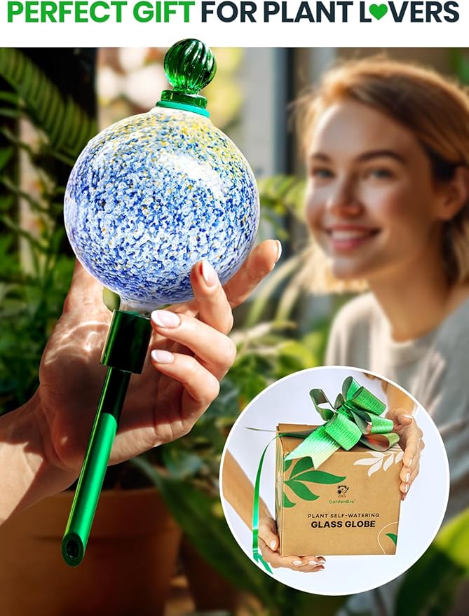 16 Oz Plant Watering Globes for Indoor Plants with Metal Self Watering Planter Insert - Premium XL Glass Hand-Blown Globe - Automatic Plant Waterer Indoor, Gift Idea for Gardener [1 Globe, Blue Gold] GARDENBRO
