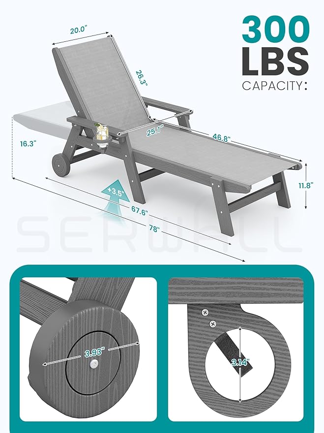 SERWALL Patio Chaise Lounge Chair, 5 Positions Outdoor Lounger for Pool, Textilene Lounge Chair with Rolling Wheels for Poolside, Deck, Grey SERWALL