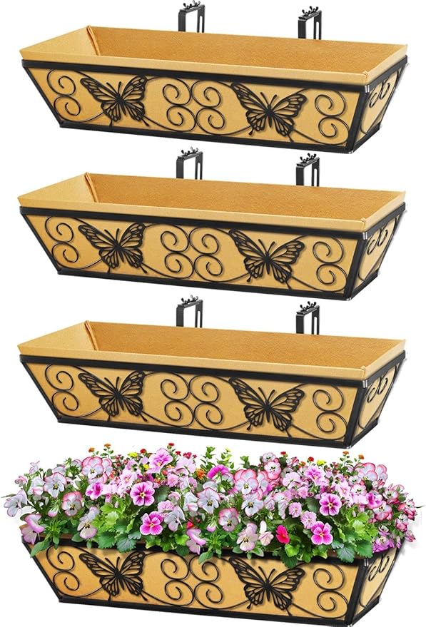 4 Pack 24 Inch Window Boxes Planters Railing Planter Box with Adjustable Brackets for Porch Fence Patio Balcony Hanging Flower Baskets with Woven Fabric for Outdoor Garden Decor - Black KarlliuHOMEGARDEN