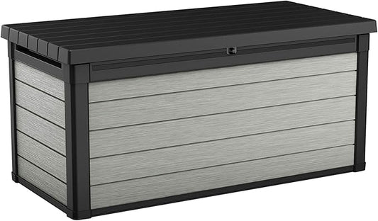 Keter Denali 150 Gallon Resin Large Deck Box with Double Wall 20mm Panels - Paintable and Drillable-Organization and Storage for Patio Furniture and Outdoor Items, Grey & Black Keter