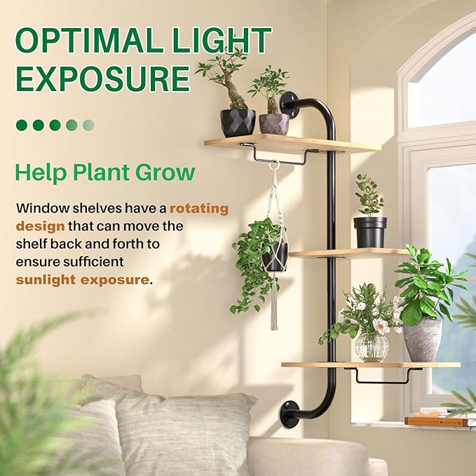 DELLAN Window Plant Shelves, Rotating Plant Shelf for Window, Wall Mounted Indoor Hanging Plants Shelf (3 Tier) DELLAN