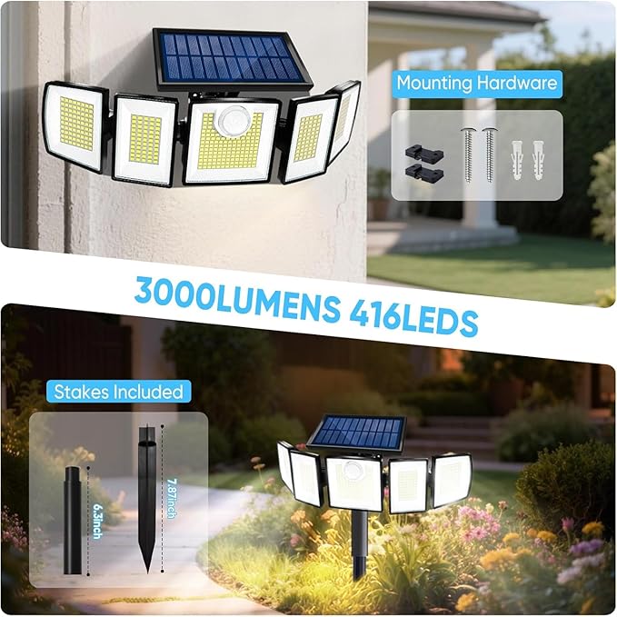 Solar Lights Outdoor Waterproof Motion Sensor - 416 LEDs 3000 Lumens Super Bright 3 Brightness 3 Modes 2400mAh 360° Illumination 32ft Solar Flood Security Light for Outside (with Stakes, 4) MDCMDCMSolarLightsOutdoor