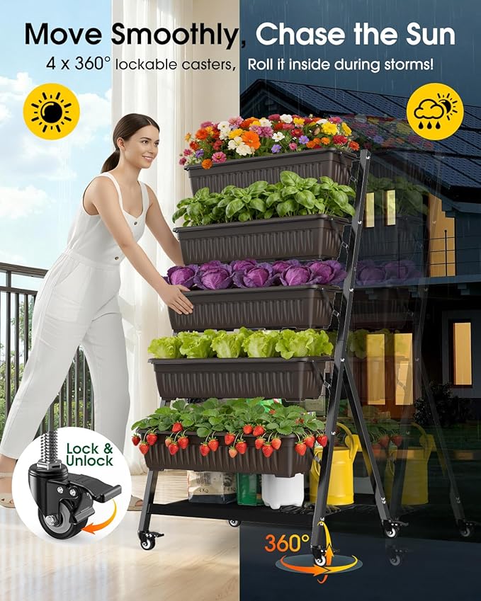 5-Tier Vertical Garden Bed Planter Boxes with Wheels, Drainage System & Storage Space, Mobile Vertical Garden Planter with 5 S-Hooks for Plants Vegetables Flowers Herbs in Garden Patio Yard Rootora