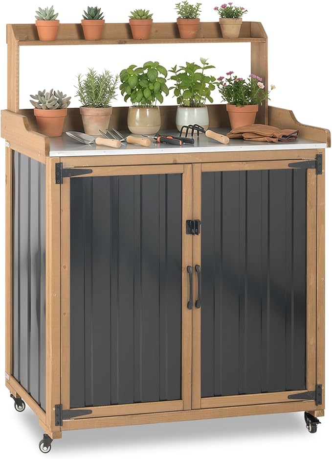 Potting Bench Table & Outdoor Storage Cabinet with Lockable Wheels, Adjustable Shelves, Mobile Waterproof Metal Top Workstation for Garden Patio BBQ Organization, Magnetic Latch & Edge Guard PETSCOSSET