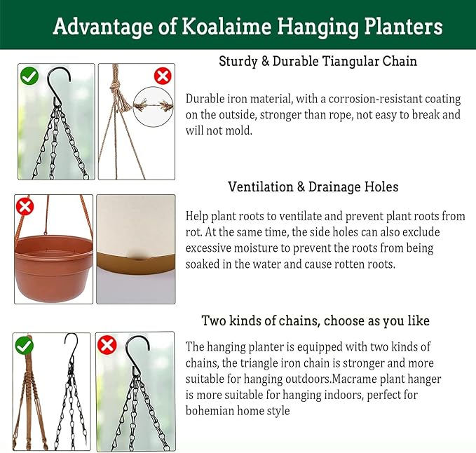 2 Pack Hanging Planters Set,10 Inch Indoor Outdoor Hanging Plant Pot Basket,Hanging Flower Pot with Drainage Hole with 3 Hooks for Garden Home(Caramel Hanger White Planters) Koalaime