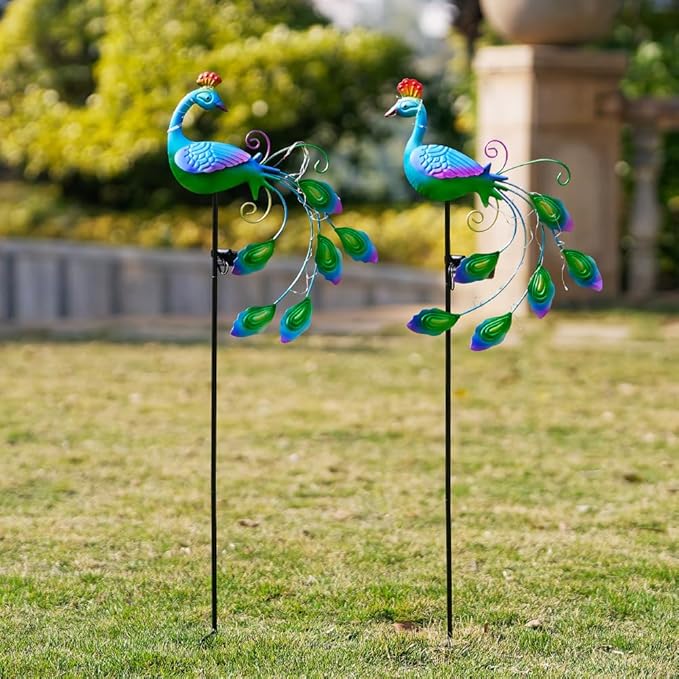 DREAMSOUL 2 Pack Metal Peacock Solar Lights Outdoor Waterproof LED Solar Lights, Decorative Garden Stakes for Yard Pathway Peacock Decor DREAMSOUL