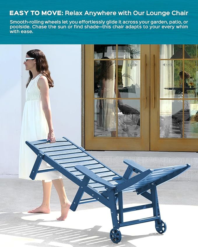 Ciokea Lounge Chair Outdoor, Oversized Chaise Lounge Chair with 5 Positions, HDPE, Patio Lounge Chair with Wheels & Cup Holder for Pool, Deck, Poolside, Azure Blue CIOKEA