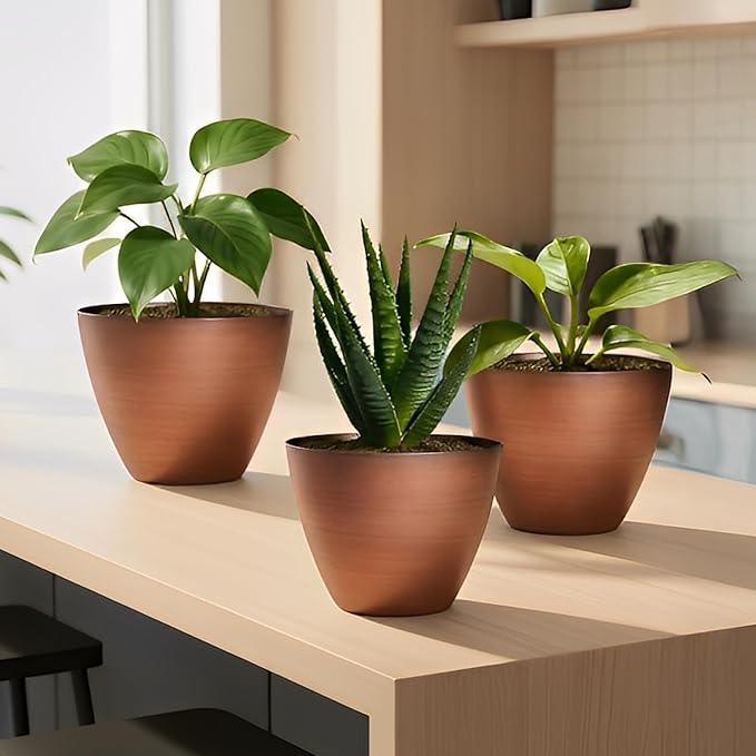 2 Pack Plastic Plant Pots with Drainage Holes, 8 inch Planter for Indoor Outdoor Plant, Garden Flower Pots for Aloe, Herbs, Cactus (Brushed Copper, 2pcs) Vanslogreen