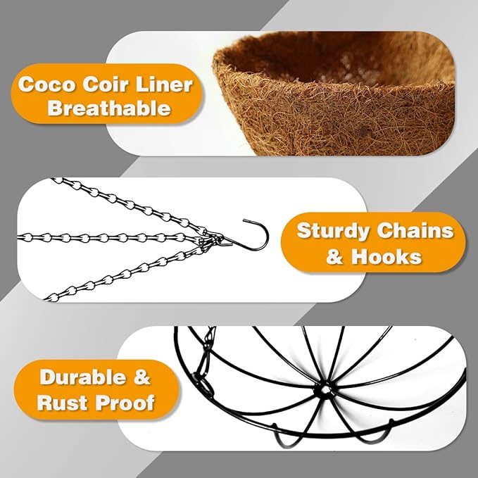 Hanging Plant Basket Flower Holder (2pack, 14 inch)-Metal Wire Round Hanging Basket Planter with Coco Fiber Liners for Plants Flower Pots Indoor Outdoor Garden Porch and Balcony Decor TOOCMEUK