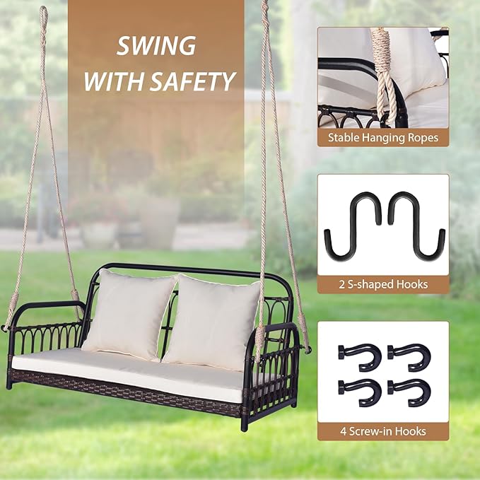Tangkula Outdoor Wicker Porch Swing, 2-Person Hanging Seat with Seat & Back Cushions, Heavy-Duty Metal Frame & 2 Sturdy Hanging Ropes, Wicker Woven Swing Loveseat for Front Porch, Backyard (Off White) TANGKULA