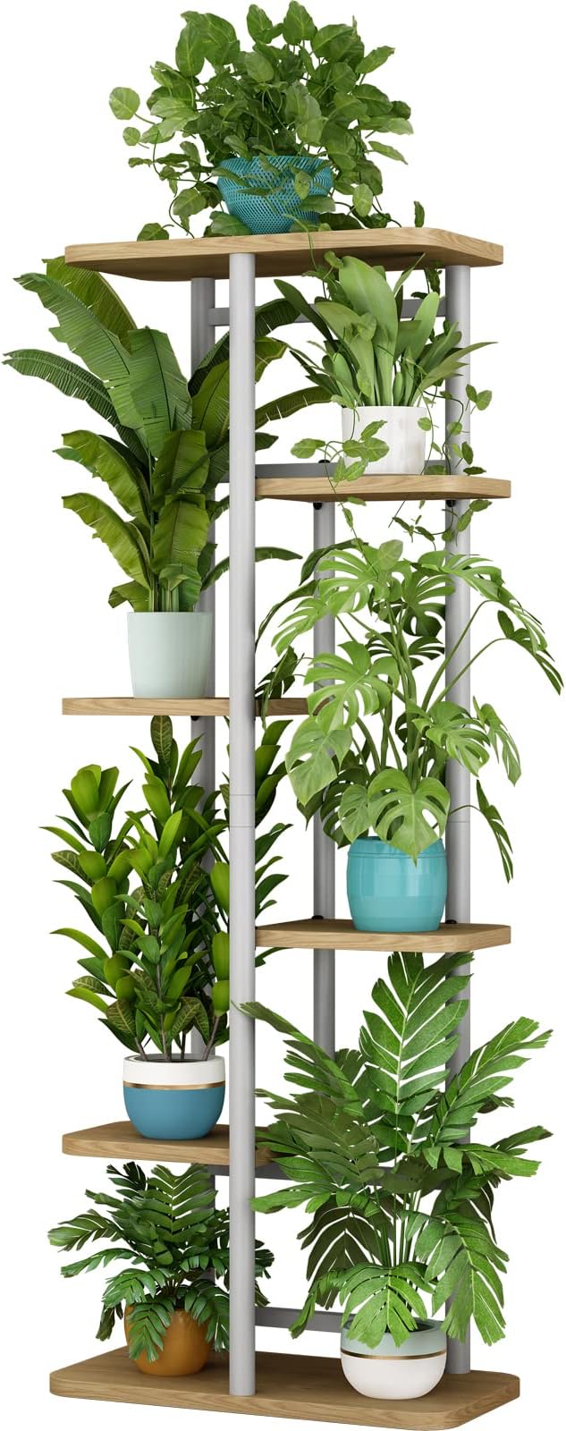 LINZINAR Plant Stand 6 Tier 7 Potted Multiple Flower Pot Holder Shelf Indoor Outdoor Planter Display Shelving for Patio Garden Corner Balcony Living Room (6 Tier-7 Potted, White) LINZINAR