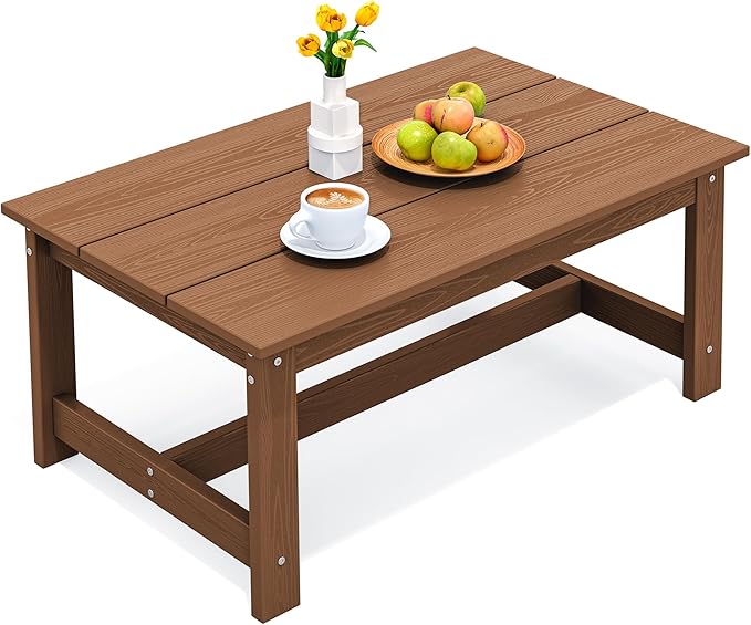 SERWALL HDPE Patio Coffee Table, Rectangle Outdoor Coffee Table, All-Weather Coffee Side Table for Balcony, Poolside, Deck, Garden, Brown SERWALL