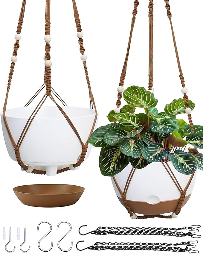 2 Pack Hanging Planters Set,10 Inch Indoor Outdoor Hanging Plant Pot Basket,Hanging Flower Pot with Drainage Hole with 3 Hooks for Garden Home(Caramel Hanger White Planters) Koalaime