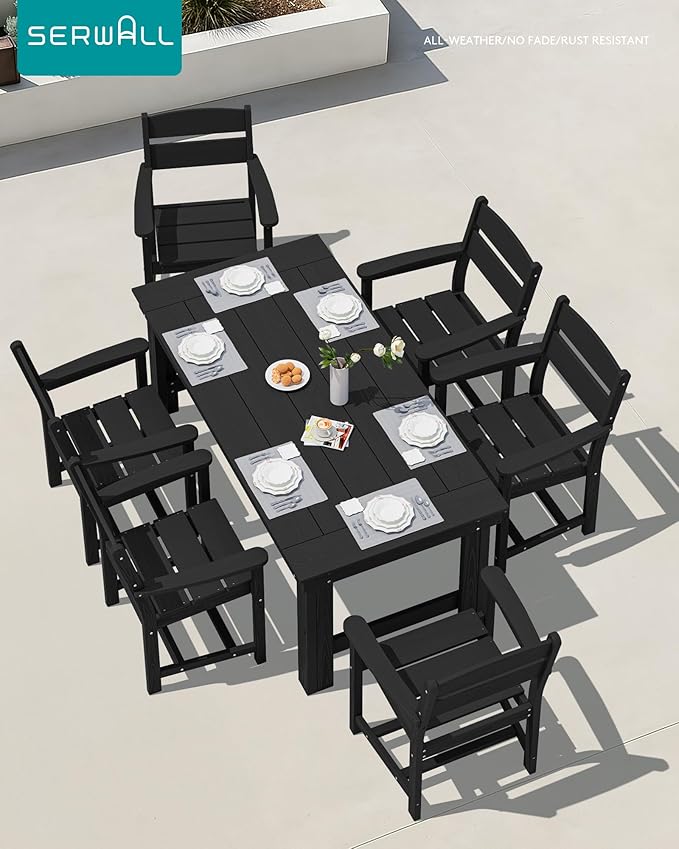 SERWALL Outdoor Dining Table Set, 67‘’ HDPE Patio Dining Set for 6, Wood-Like All-Weather Outdoor Table and Chairs Set for Lawn, Black SERWALL