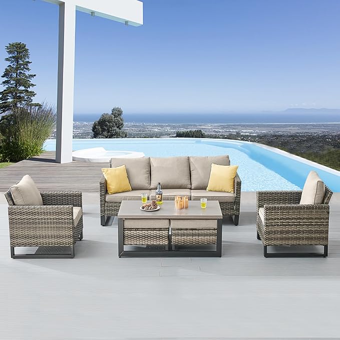 Belord 6 Piece Outdoor Furniture Patio Wicker Sofa Set, Oversize Outdoor Dining Chairs with Rattan Ottomans, Conversation Sets Patio Furniture Come with Removable Washable Belord