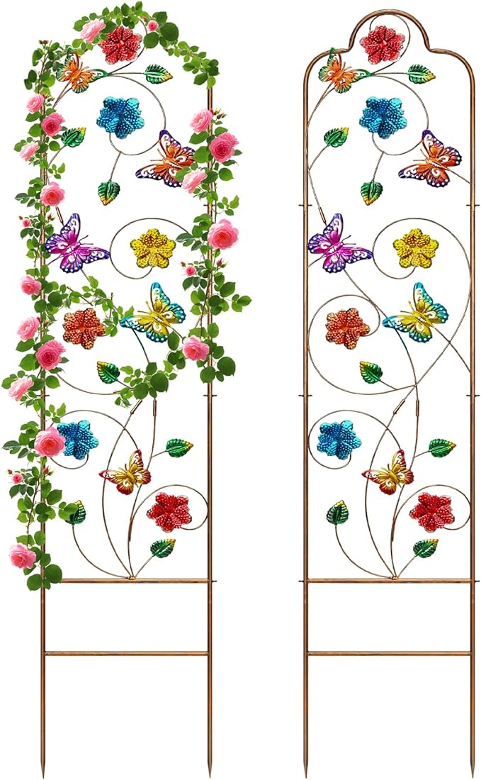 2 Pack Metal Garden Trellis Arched Fence Trellises for Climbing Plants Outdoor, Roses, Vines, Flowers, and Vegetables Support, 60'' H x 12'' W, Butterfly YADOOLIFE