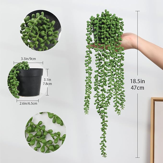 Floweroyal 2pcs Fake Hanging Plants Fake Potted String of Pearls Succulent Plants Small Faux Plants for Indoor Outdoor Shelf Wall Decor FloweroyalCrafts