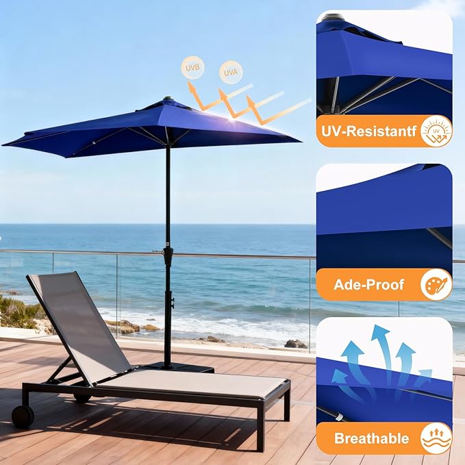 OLIXIS Half 9Ft Umbrella Outdoor Patio, Scalloped Patio Umbrella with Easy Crank, Sun Half Patio Umbrella for Balcony, Market, Garden, Blue OLIXIS