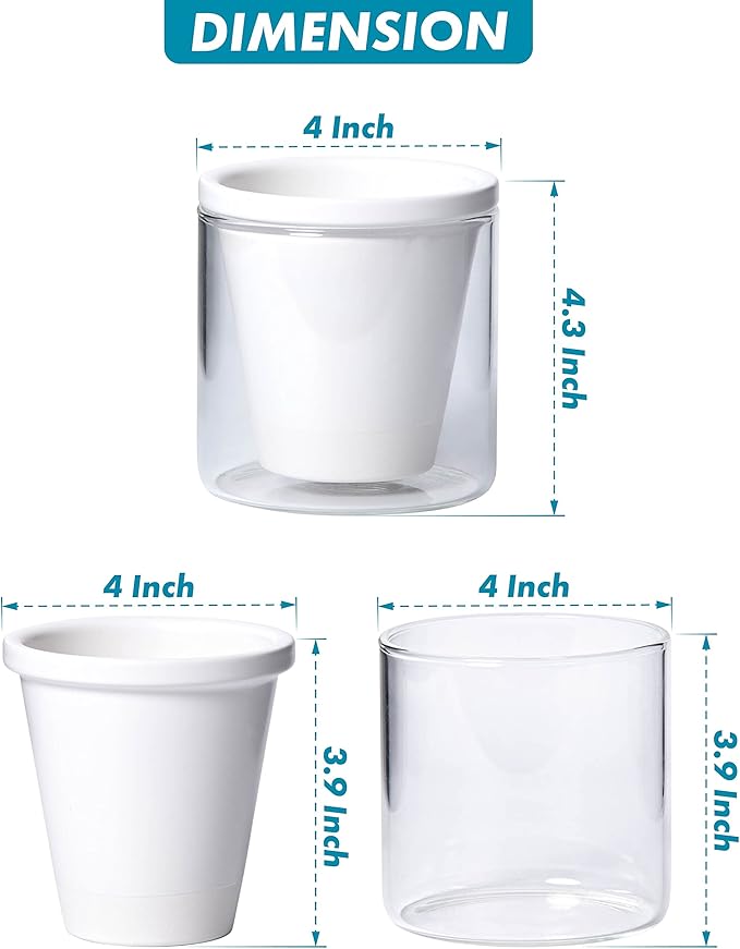 D'vine Dev 4 Inch Design Self Watering Planter for Indoor Plants, White Terracotta Pots with Cylinder Glass Cup, 37-X-A-2 DvineDevPlanterPotsandStand