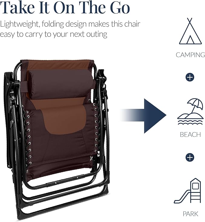 Best Choice Products Oversized Padded Zero Gravity Chair, Folding Outdoor Patio Recliner, XL Anti Gravity Lounger for Backyard w/Headrest, Cup Holder, Side Tray, Polyester Mesh - Espresso/Brown BestChoiceProducts