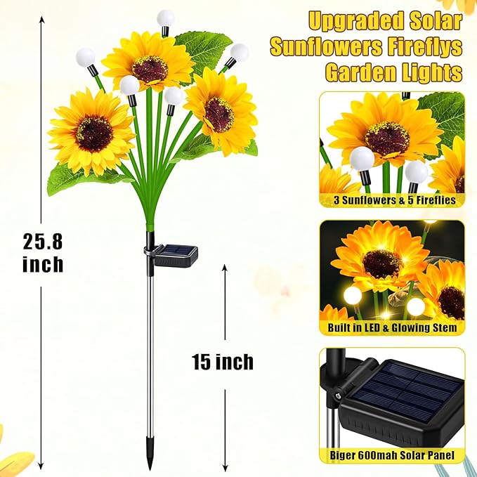 6 Pack Sunflower with Firefly Lights,Solar Lights Outdoor Garden Decor,Solar Flowers Lights Waterproof,Sunflowers Birthday Gifts for Mom Women,Decorative Stakes Fairy Lights for Yard Patio Lawn EDOF