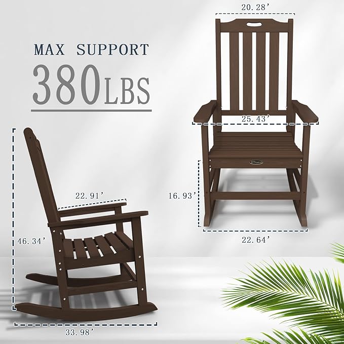 Oversized Rocking Chair, Outdoor Rocking Chair for Adults, All Weather Resistant Porch Rocker for Lawn Garden, Brown THOEOE