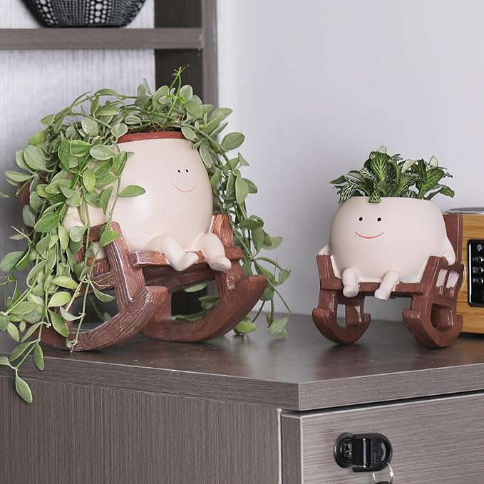 Smiley Face Rocking Chair Planters Flower Pots for Plants Funny Succulents Plant Live Cute Resin Head Planter for Indoor Outdoor Plants Gift Ideas for Mother and Christmas (Large) CamotankOriginalDesignandCreation