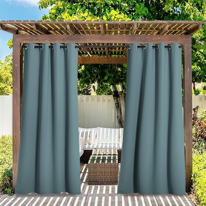 NICETOWN 2 Panels Greyish Blue Outdoor Curtains for Patio Waterproof, Stainless Steel Silver Grommet Thermal Insulated Blackout Outdoor Room Darkening Drapes for Front Porch, W52 x L108 NICETOWN