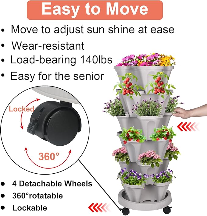 GameXcel Vertical Planter 6 Tier Stackable Planters Garden Planters Strawberry Herb Flower and Vegetable Planter Indoor Outdoor Gardening Pots with Removable Wheels and Tools 2-Pack GameXcel