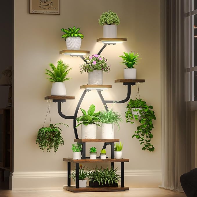 Plant Stand Indoor with Grow Light, 8 Tiered 48" Small Plant Shelf, Corner Plant Stand Stand for Indoor Plants Multiple, Metal Humen-Shaped Plant Flower Holder, for Living Room, Patio, Balcony Tovve