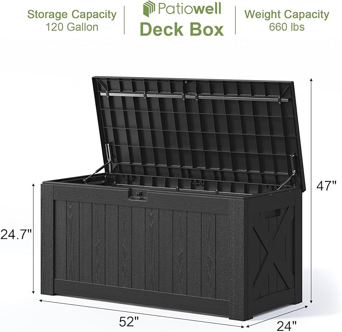 Patiowell 120 Gallon Large Deck Box, Outdoor Lockable Storage Box for Gardening Tools, Waterproof Deck Box for Patio Furniture, Black Patiowell