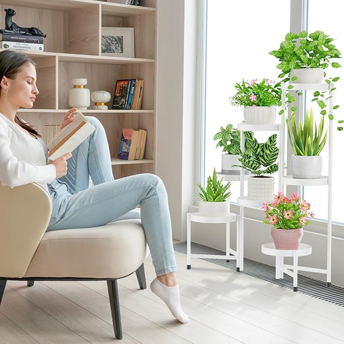 iDavosic.ly Plant Stand Indoor Outdoor, 7 Tier Corner Metal Flower Display Holder Shelf, Easy Assembly Folding Tall Orchid Rack for Patio Balcony Porch Garden Living Room House, White iDavosicly