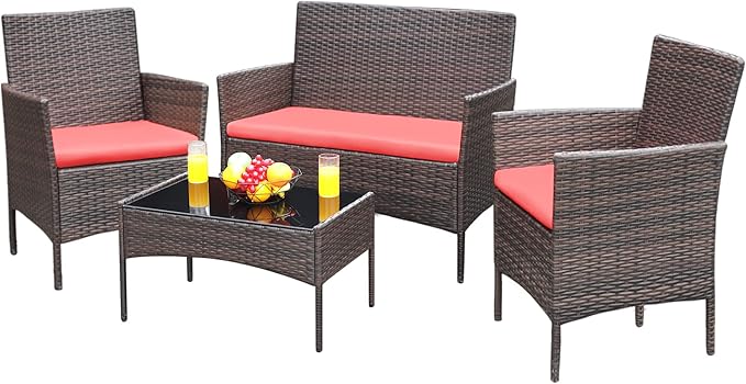 Greesum Patio Furniture 4 Pieces Conversation Sets Outdoor Wicker Rattan Chairs Garden Backyard Balcony Porch Poolside loveseat with Soft Cushion and Glass Table, Brown and Red BuynowfromGreesum