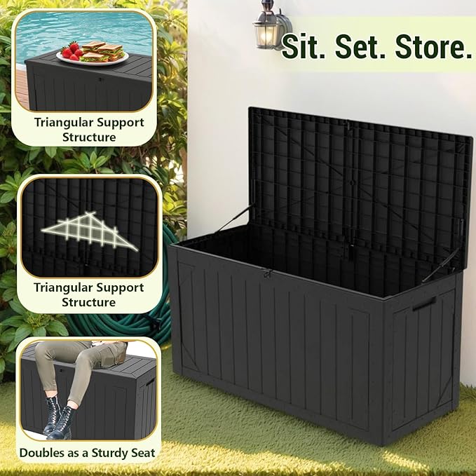 TARKARI 100 Gallon Lockable Resin Deck Box, Waterproof & UV-Resistant Outdoor Storage Box for Outdoor Cushion Storage, Garden Tools & Pool Accessories Storage, Black Home
