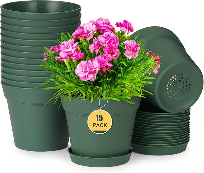 homenote Plant Pots,15 Pack 6 inch Flower Pots with Multiple Drainage Holes and Saucers,Plastic Planters for All Home Garden Flowers Succulents(Green) HOMENOTE