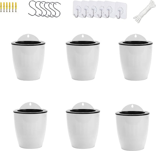 ORIMERC 6 Pack White Self Watering Wall Hanging Planter Pots Vertical Garden Window Mount Indoor Outdoor Plant Flower Basket Kitchen Herbs Balcony Railing Shelf Fence Bedroom Trellis Decor(Medium) OrimercGarden