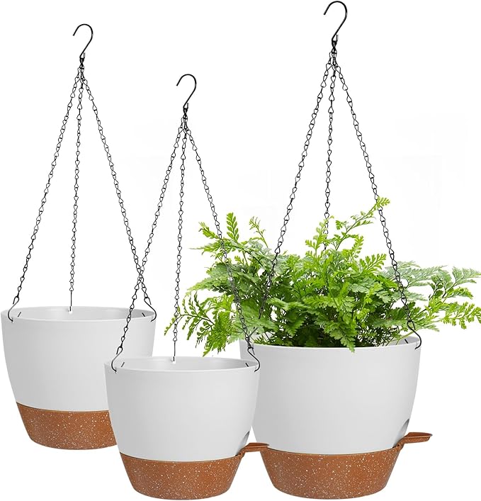 10/9/8 Inch Hanging Planter for Indoor Outdoor Plants, 3 Pack Self-Watering Hanging Pot with Drainage Holes Hanging Planter Baskets Plant Pots with Removable Tray (White+Brown) Lucieblessdesign