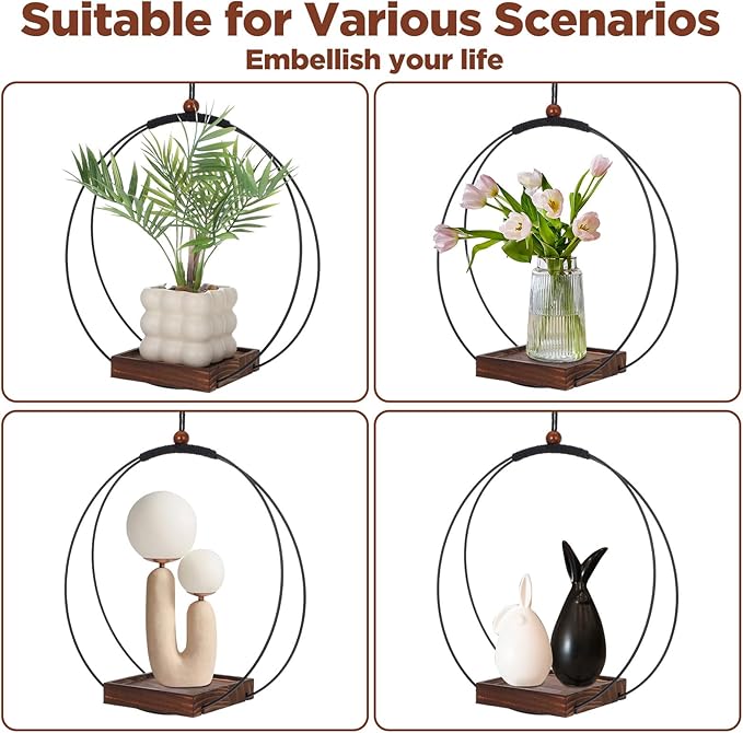 2 Pack Hanging Planters for Indoor Outdoor Plants, 12 Inch Sturdy Wood Base Metal Plant Hanger Modern Boho Minimalist Flower Pot Holder Basket Wall Ceiling Window Stands Home Wall Decor Rootora