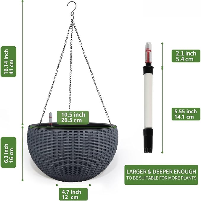 Dexceder 10.5 Inch Large Self Watering Hanging Planters Indoor Outdoor, Thickened Hanging Basket Flower Plant Pot with Water Level Indicator (Gray) Dexceder